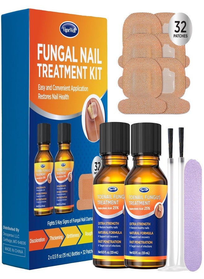 VigorWell Toenail Treatment Extra Strength: Dual Action Nail Repair Kit for Thick, Brittle or Discolored Nails - 30 ml Nail Repair Gel with 25% Undecylenic Acid - (Medium) 32 Nail Patches - Image 1